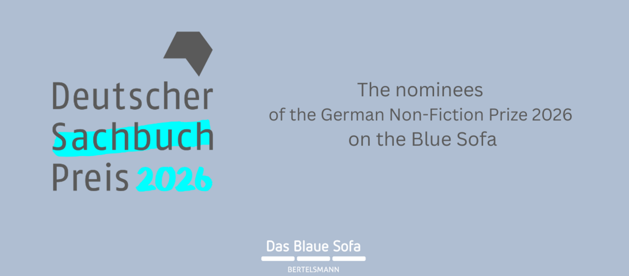 Logo Deutscher Sachbuchpreis 2026 und Schriftzug "The nominees of the German Non-Fiction Prize 2026 on the Blue Sofa"