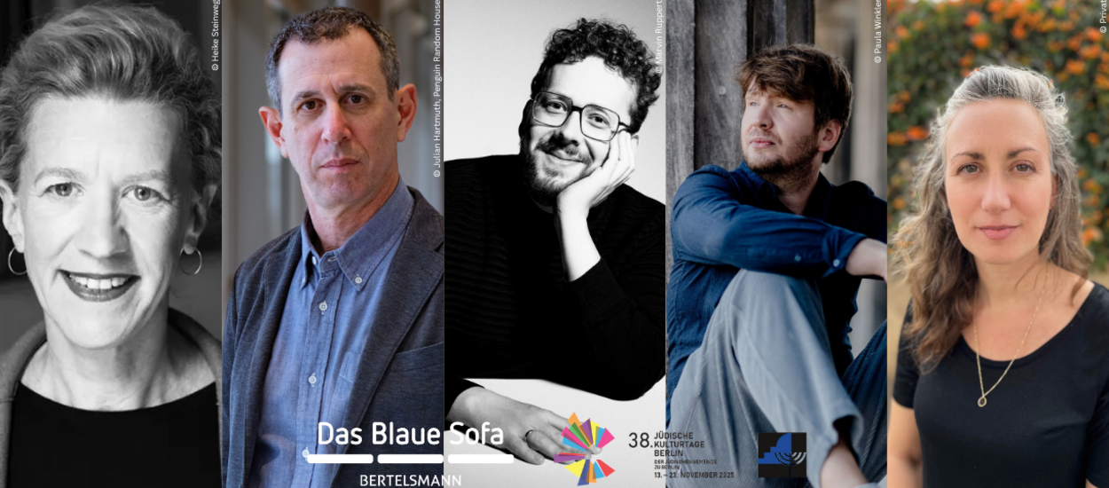 Bild mit den Autoren: Christiane Wirtz, Assaf Gavron, Henrik Szántó, Dmitrij Kapitelman und Sarah Levy - Logo Blaues Sofa und Logo Jüdische Kulturtage
