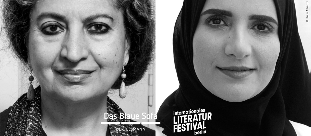 Black and White Portrait Geetanjali Shree & Jokha Alharthi and Logos Das Blaue Sofa, internationalen literaturfestival berlin 