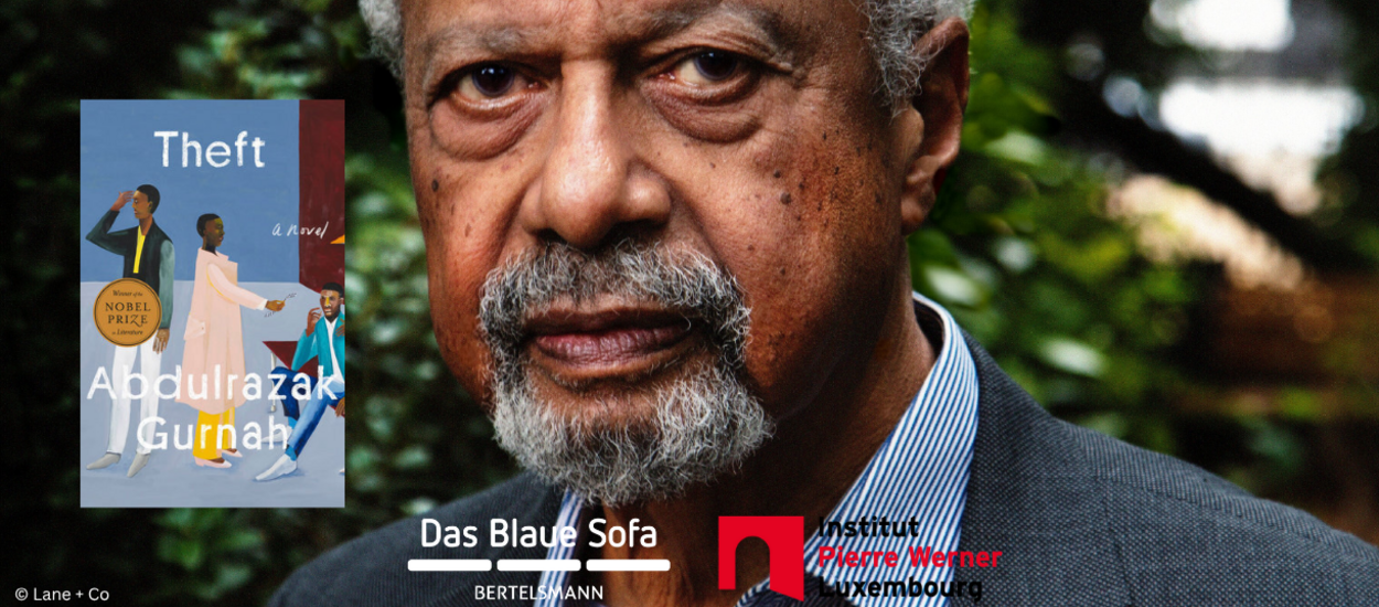 Background Portrait from Abdulrazak Gunah, front his book Theft and the logos of the Blue Sofa and Institute Pierre Werner